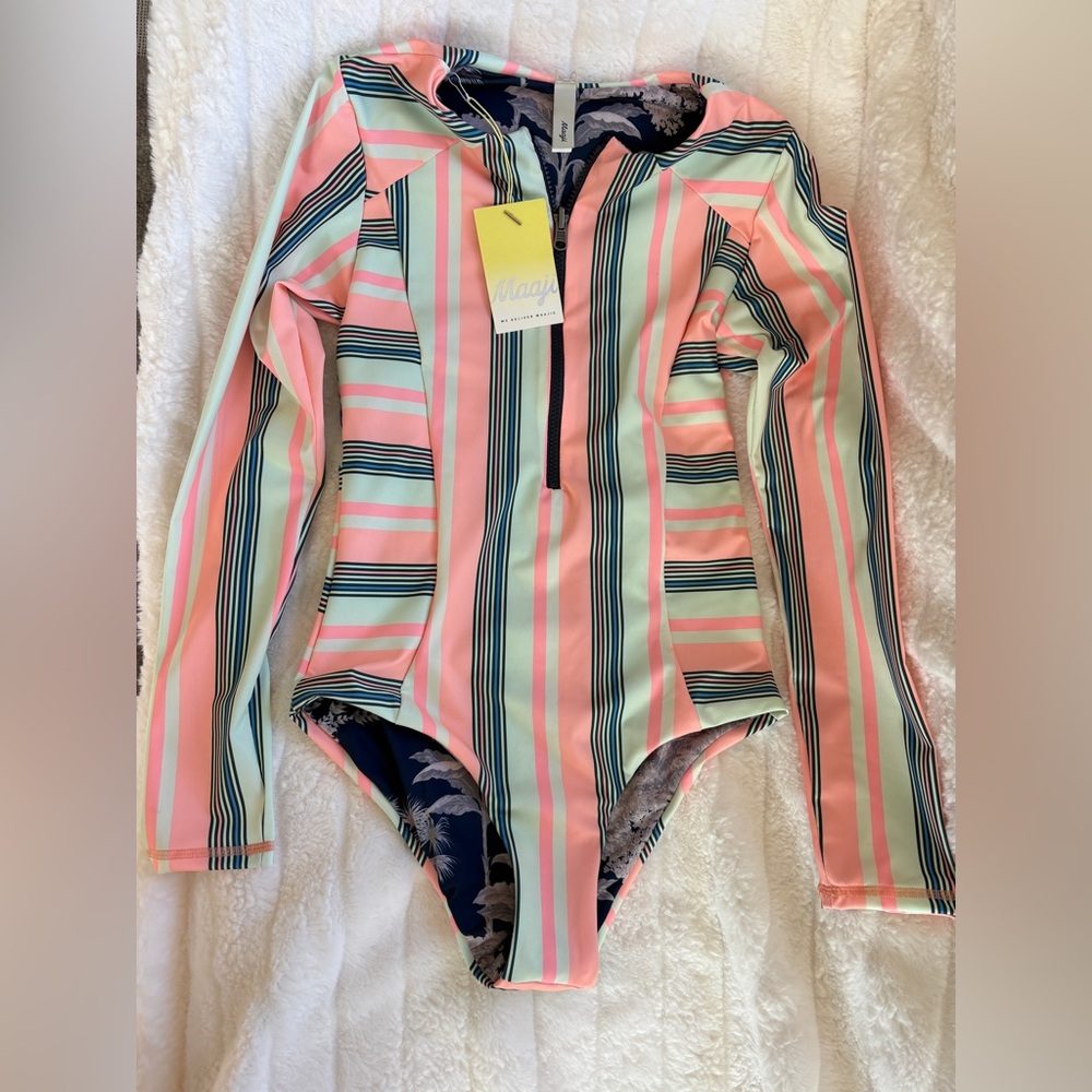 Maaji Pink Coral and Mint Striped Long-Sleeve One-Piece Swimsuit